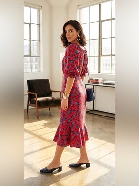 Saloni Red 100% Silk Off The Shoulder Midi Dress Open Back Puff Sleeve US 4 UK 8